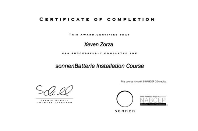 Certified Installer Certificate Xeven Zorza - sonnenBatterie Installation Course